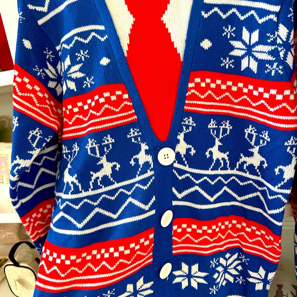 Jolly Sweaters Faux Cadigan Tie Vest Ugly Christmas Holiday Sweater MEDIUM - Picture 2 of 3